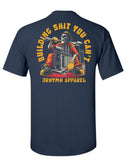 Navy t-shirt with a graphic design and Building Shit You cant text on the back, featuring a skeleton and tools. JRNYMN Apparel