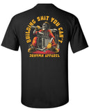 Black t-shirt with a graphic design and Building Shit You cant text on the back, featuring a skeleton and tools. JRNYMN Apparel