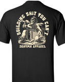 Black t-shirt with a graphic design and Building Shit You cant text on the back, featuring a skeleton and tools. JRNYMN Apparel