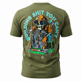 An olive green heather t-shirt shown from the back, featuring a large graphic of a skeleton construction worker wearing a hard hat and holding a wrench, with stacks of money and a city skyline. The text 'BUILDING SHIT YOU CAN'T' is printed in light blue around the graphic.