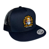 A trucker hat with a black mesh back, featuring a circular embroidered patch on the front with a skull in a helmet and the text 'BUILDING SHIT YOU CAN'T'