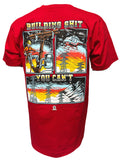 A graphic t-shirt with a design depicting a lineman working on a power line, with elements of electricity pylons, a helicopter, and a sunset or sunrise in the background. The text on the shirt reads 'BUILDING SHIT YOU CAN'T'.