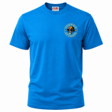 A teal short-sleeve crewneck t-shirt with a circular graphic on the left chest featuring a skull wearing a hard hat, with the text 'JRNYMN Apparel' around it. Made in USA