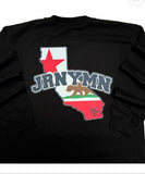 Black t-shirt with a graphic design of  California state outline with a bear and JRNYMN text on a white background