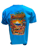 A teal blue t-shirt with a colorful front graphic print depicting a beach scene and text that reads 'Chill Day', suitable for casual wear. JRNYMN Apparel