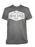 Gray t-shirt with dues paid lineman graphic design on a white background 