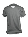 Gray t-shirt with dues paid lineman graphic design on a white background 