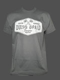 Gray t-shirt with dues paid lineman graphic design on a white background 