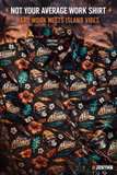 A short-sleeve button-up shirt with an all-over collegiate graphic print featuring the word 'Easy Money' in stylized lettering, skulls, hibiscus flowers, leaves, and lightning bolts on a black background.