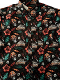 A short-sleeve button-up shirt with an all-over collegiate graphic print featuring the word 'Easy Money' in stylized lettering, skulls, hibiscus flowers, leaves, and lightning bolts on a black background.