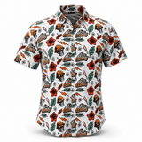 A short-sleeve button-up shirt with an all-over collegiate graphic print featuring the word 'Easy Money' in stylized lettering, skulls, hibiscus flowers, leaves, and lightning bolts on a white background.