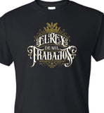 Black t-shirt with gold and white text design on a white background