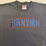 A gray t-shirt with the text 'JRNYMN' printed in blue and red colors.